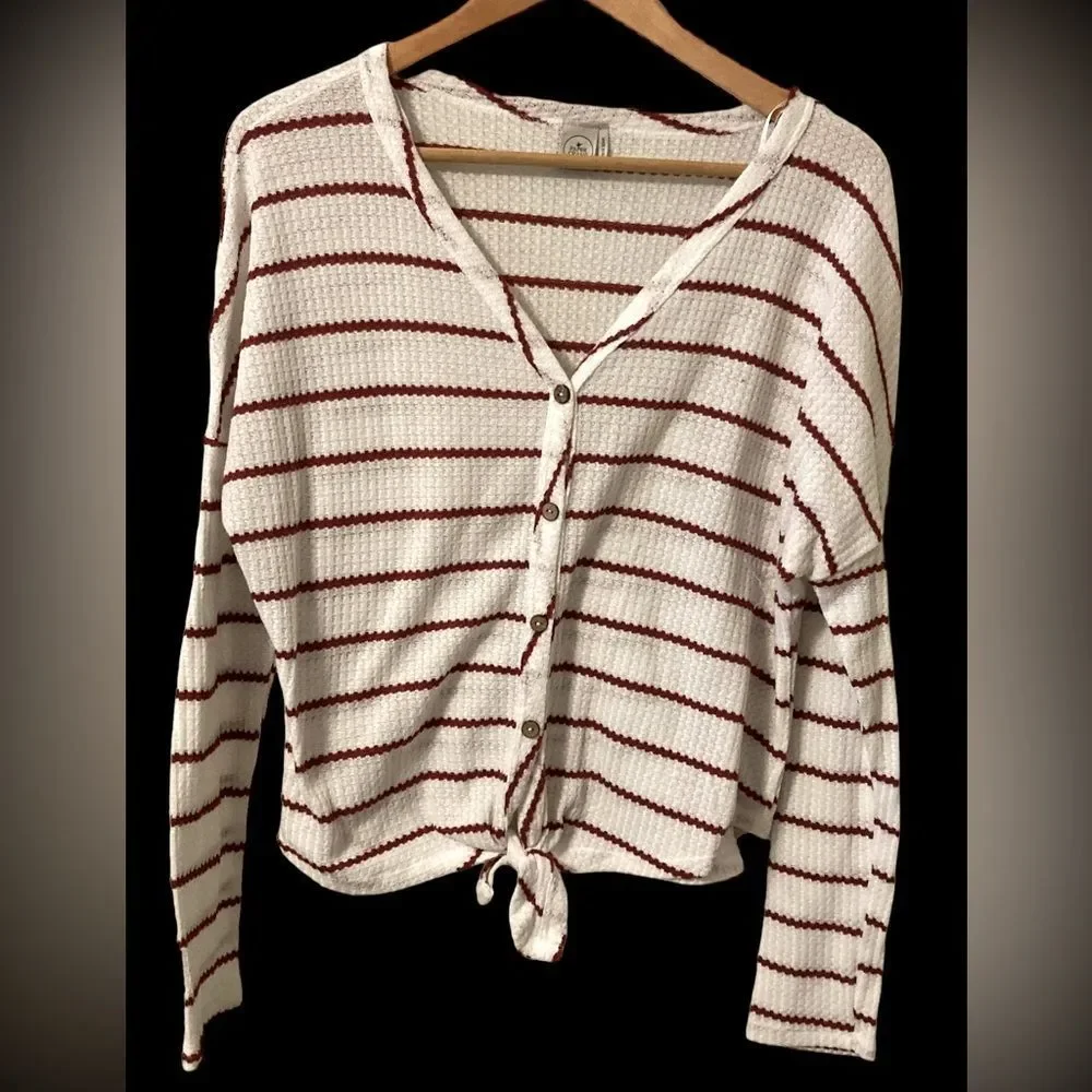 Paper Crane waffle Knit red & white striped bottom tie long sleeve shirt Large